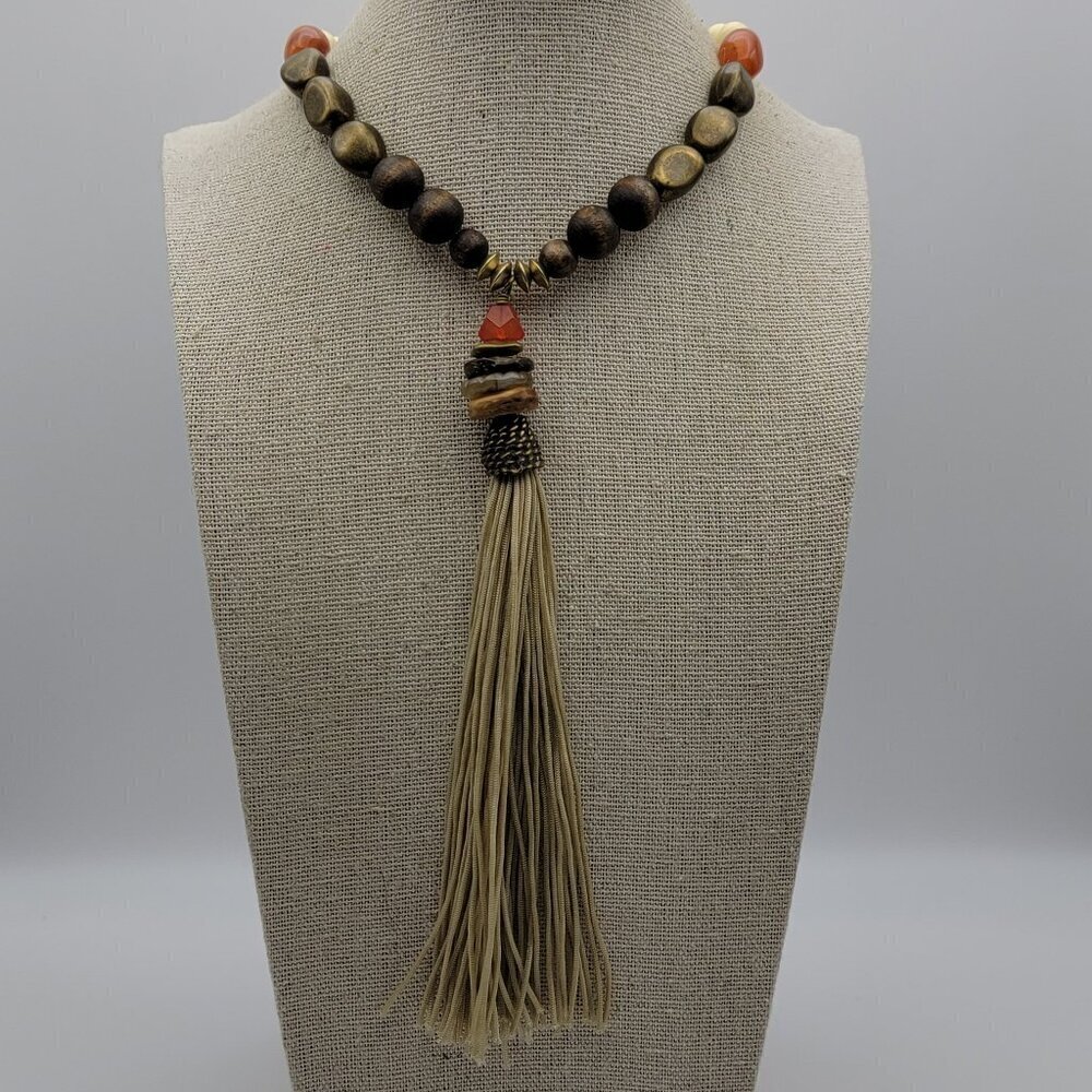 Express Multicolor Beaded Tassel Pendant Necklace Brass-Tone 42 In Lobster Clasp